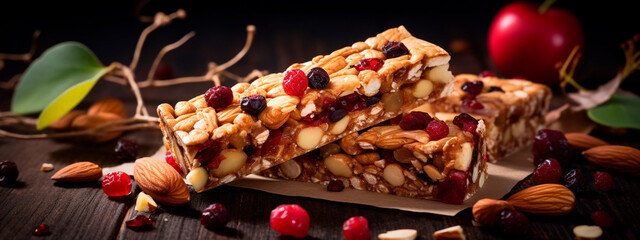 Cereal bars with dried fruits and nuts. Selective focus.