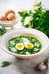 Green borscht with egg in a plate. Selective focus.