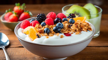 Plate with yogurt, berries and fruits. Selective focus.