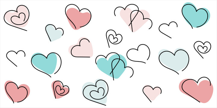 Abstract colorful hand-drawn doodle design with chaotic multicolored hearts on white background. Editable stroke. Bright black, pink and blue vector illustration for cards, business, banners, textile