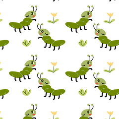cute green animal - ant seamless spring pattern. Vector illustration on white background. Can used for wrapping, textile, poster, kids decoration, postcard and greeting banner. 
