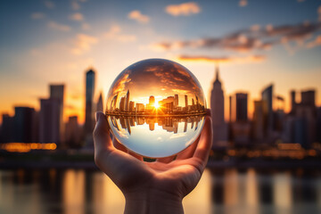 Glass orb capturing the view of a city landscape - obrazy, fototapety, plakaty