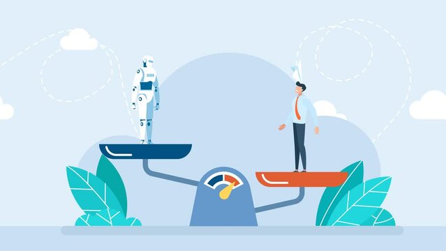 A businessman stands on a scale and is heavier than a robot. Human and AI balance scales. Concept of a digital artificial intelligence technology competition. Robot with artificial intelligence