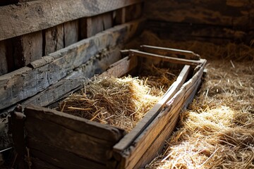 This realistic and professional photo captures the tranquility of an empty manger in a stable. With a top view perspective, it offers a serene scene that evokes the essence of Jesus' birth