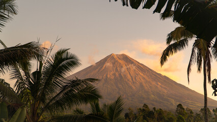 Eruption of Volcano Semeru on the island of Java. The volcano emits ash and smoke. Natural...