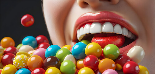 Close up of a woman's mouth surrounded by various candies and chocolates. Generative Ai
 - obrazy, fototapety, plakaty