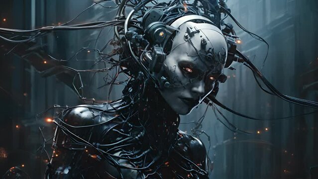 A fullbody photo of a cybernetic human with wires connecting its limbs directly to a visual cortex allowing it to access cyberpunk ar