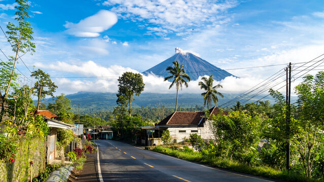 Eruption of Volcano Semeru on the island of Java. The volcano emits ash and smoke. Natural disaster. December 2022.