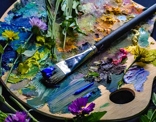 Paint brushes and palette with oil paints on a wooden table - obrazy, fototapety, plakaty