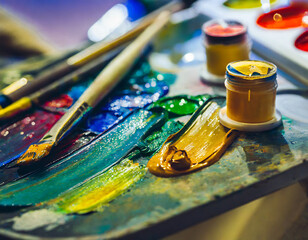 Fototapeta premium Paint brushes and palette with oil paints on a wooden table
