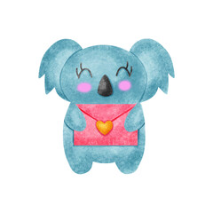 Valentine's day concept. Koala bears hold a love letter isolated on white background.