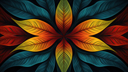 A mesmerizing abstract background featuring vibrant leaves in a symmetrical pattern, creating a harmonious and nature-inspired design Ai Generative