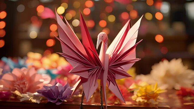 A traditional origami crane comes to life, elegantly folding its wings in a show of devotion and affection.