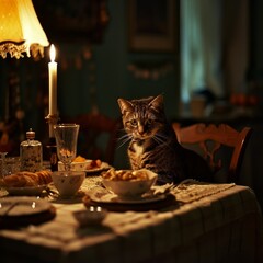 Fototapeta na wymiar a cat sitting at a table with food and a candle