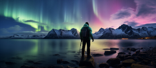 A tourist in the polar region observes the northern lights