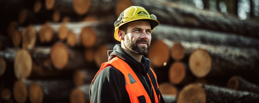 Lumberjack standing in front of wood pile in forest. Logger man - Powered by Adobe