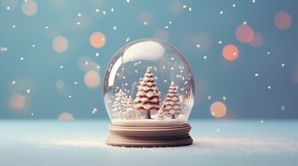 Fototapeta na wymiar The snow globe inside has lighted houses, set against a bokeh background of falling snow
