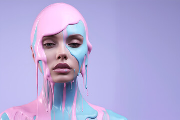 Fashion Concept. Closeup portrait of beautiful woman girl in pastel colourful flowing thick fluid gel paint. illuminated with dynamic composition light. sensual, mysterious, advertisement, copy space