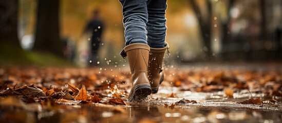 A child in rubber boots walks through an autumn park after the rain - obrazy, fototapety, plakaty