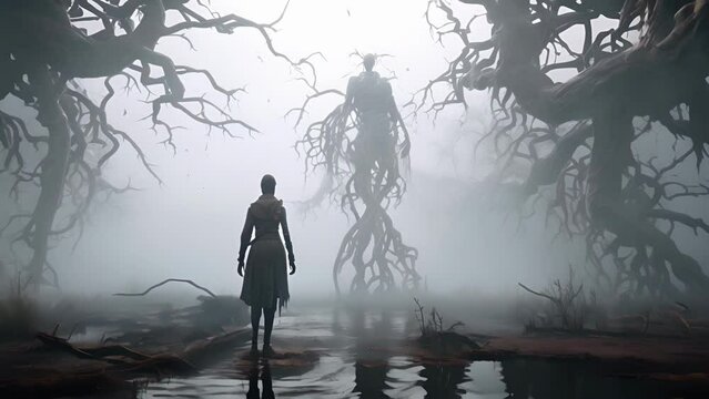Fog contorts around its feet the dead air filled with vermin and their cackle rising into the ether.