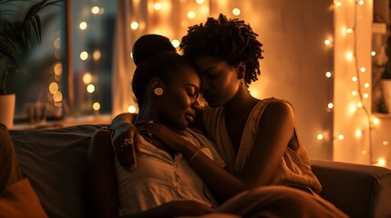 Loving couple of two black women sitting on the sofa in a romantic atmosphere