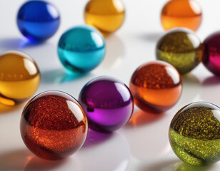 abstract balls made of multi-colored glass and multi-colored chrome in a ratio of 50 to 50 mixed randomly scattered on a white background