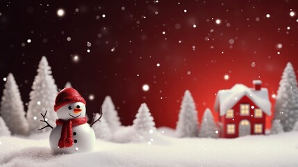 Naklejka na ściany i meble Christmas background on white snow decorated with a cute Christmas tree and a mini snowman and cute red house at dark blue background. 