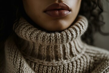 A close up macro detail of a woman wearing wool sweater, neutral colors, quiet luxury