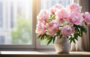 Pink peony and window with sunlight, creating a serene backdrop