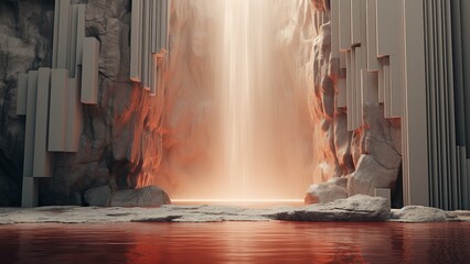Landscape of view of a majestic waterfall with cascading trough a rocky canyon at sunset.