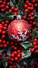 Red christmas ornament and holly shrub berries, and a white star on a snowy surface