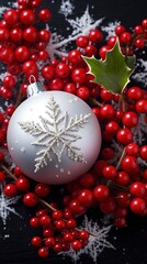 Obraz na płótnie Canvas Red christmas ornament and holly shrub berries, and a white star on a snowy surface