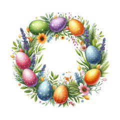 Fototapeta na wymiar Easter holiday wreath with colorful eggs, flowers and palnt herbs round frame for greeting card design
