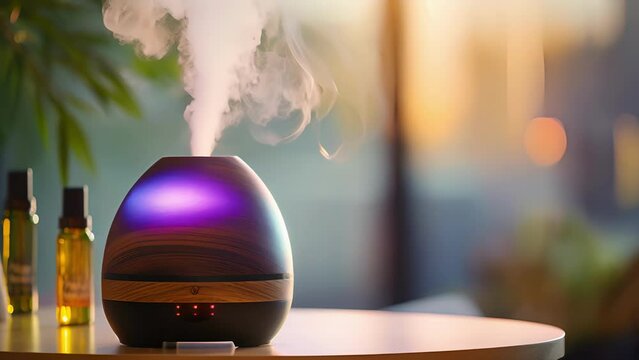 A closeup of an aromatherapy diffuser dispersing a soothing blend of essential oils into the air, demonstrating how scent molecules enter our respiratory system and affect our mood and overall