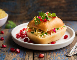 Fototapeta na wymiar dabeli is an indian snack item served with pomegranate seeds and cilantro in white ceramic plate
