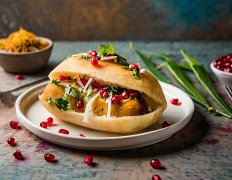 dabeli is an indian snack item served with pomegranate seeds and cilantro in white ceramic plate