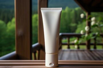 Fototapeta na wymiar Simple elegance Blank white cosmetic tube on wooden surface, nature