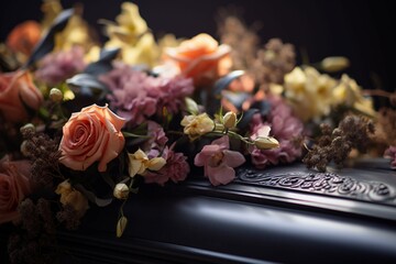 Grief captured Close up of funeral flowers on a solemn coffin - obrazy, fototapety, plakaty