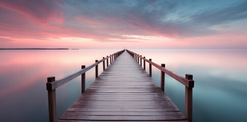  a wooden pier over a calm lake during sunrise - obrazy, fototapety, plakaty