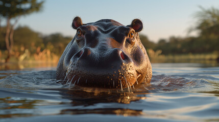 hippo in the water - obrazy, fototapety, plakaty