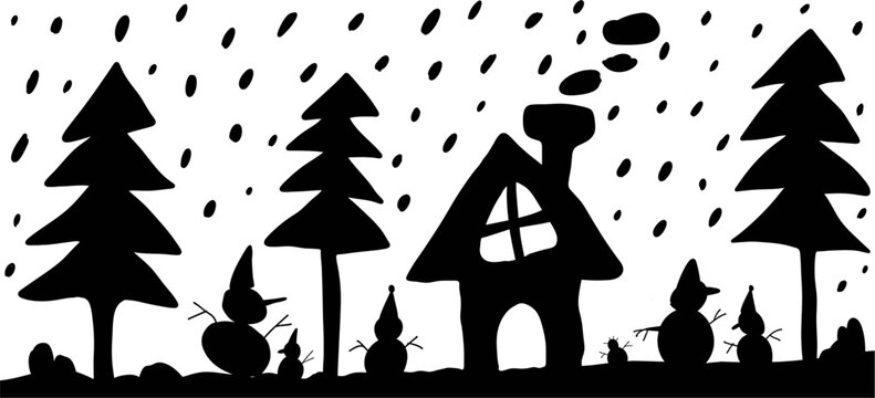 Silhouette Winter scene, Cartoon  vector Illustration, black and white, Christmas concept background