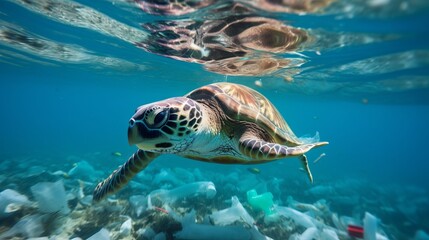 Fototapeta premium A sea turtle ingesting plastic particles in the ocean