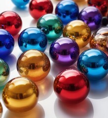 abstract balls made of multi-colored glass and multi-colored chrome in a ratio of 50 to 50 mixed randomly scattered on a white background