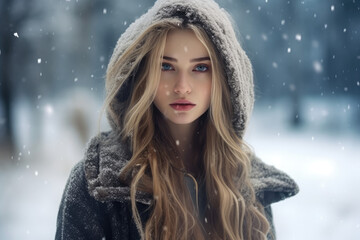 portrait of a beautiful girl in snow winter