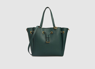 Women's green Leather big bag Handbag Isolated on White Background in front view. Office wear. accessory. Mock up, template