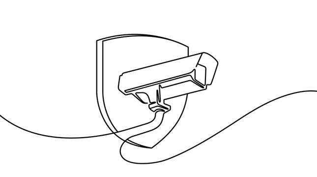 recommend clip art: Continuous one line drawing of outdoor security system with shield vector design. Single line art illustration on the theme of CCTV, security camera on transparent background