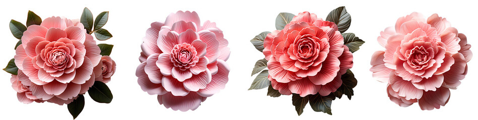 Pink flower set png. Camelia flower png. Rose flower png. Peony flower png. Colourful flower top view. Camellia flower flat lay png - obrazy, fototapety, plakaty