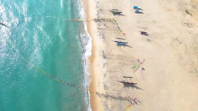Aerial View of the Colorful Fishing Boats on the Baticaloa Beach, Sri Lanka.