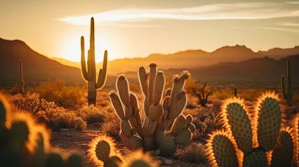 Fototapeten Desert landscape with cacti illuminated by the warm tones of sunset © Cloudyew