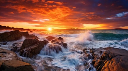 Dramatic coastal scene with crashing waves and a fiery sunset